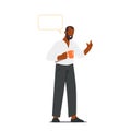 Black Man Stand with Cup and Speech Bubble. Businessman, Clerk, Manager Character Brainstorm, Coffee Break, Gossips