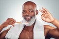 Black man, toothbrush and yes hand sign, dental and brushing teeth with hygiene isolated on studio background. Mouth Royalty Free Stock Photo