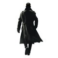 Black man walking away. Trench coat and fedora. Mafia man. Private detective. Running away. Back view. Full body view. PNG