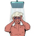 a black man washes his hair in the shower. Businessman daily routine