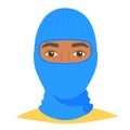 Black man wearing balaclava helmet. Trendy worm headgear for cold weather. Facial mask for the whole head to wear under Royalty Free Stock Photo