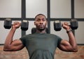 Black man, weights training focus and gym fitness of athlete doing power lifting for exercise. Sport workout Royalty Free Stock Photo