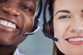 Black man, woman and call center in closeup, smile and portrait for teamwork, help and customer service. Crm expert Royalty Free Stock Photo