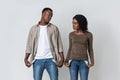 Black Man And Woman With Empty Pockets Over Grey Royalty Free Stock Photo