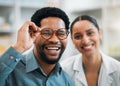Black man, woman and glasses, vision and eye care, portrait and optometry with health and happiness. Prescription lens