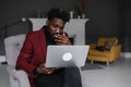 Black Man Working From Home Having Online Group Videoconference On Laptop Royalty Free Stock Photo