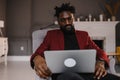 Black Man Working From Home Having Online Group Videoconference On Laptop Royalty Free Stock Photo