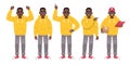 Black man in a yellow jacket and gray pants is standing in different poses. A full-length man is a set of characters. The black Royalty Free Stock Photo