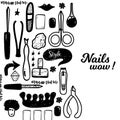 Black Manicure tools hand drawn vector banner with lettering and hand drawn make up items for promotion