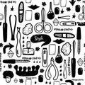 Black Manicure tools hand drawn vector seamless pattern with lettering and hand drawn make up items