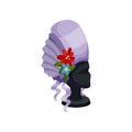 Mannequin female head with purple wig decorated with flowers. Hairstyle of renaissance period. Flat vector icon Royalty Free Stock Photo