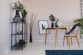 Black mannequin`s leg on wooden chair in elegant dining room interior with copy space on the empty wall, flowers and leaf in vase Royalty Free Stock Photo