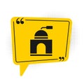 Black Manual coffee grinder icon isolated on white background. Yellow speech bubble symbol. Vector Illustration