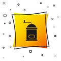Black Manual coffee grinder icon isolated on white background. Yellow square button. Vector Illustration Royalty Free Stock Photo