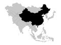 Black Map of China on Gray map of Asia Royalty Free Stock Photo