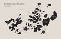 Black map of Franz Josef Land with names of regions, design blackboard