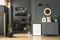 Black map on grey wall in dark living room interior with plants Royalty Free Stock Photo