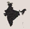 Black map of India individual regions design blackboard blank