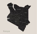Black map of Kenya with names of regions, design blackboard