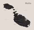 Black map of Malta with names of regions, design blackboard