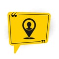 Black Map marker with a silhouette of a person icon isolated on white background. GPS location symbol. Yellow speech Royalty Free Stock Photo