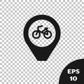 Black Map pointer with bicycle icon isolated on transparent background. Vector Royalty Free Stock Photo