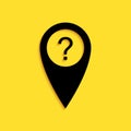 Black Map pointer with Question symbol icon isolated on yellow background. Marker location sign. For location maps Royalty Free Stock Photo