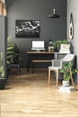 Black map poster above desk with mockup of desktop computer in g Royalty Free Stock Photo