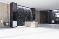 Black marble bathroom corner, wooden tub