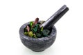 Black marble mortar with herbs Royalty Free Stock Photo