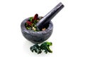 Black marble mortar with herbs Royalty Free Stock Photo