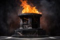 Black Marble Podium Surrounded by Blazing Flames, Fire, Pillar, Stairs