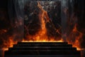 Black Marble Podium Surrounded by Blazing Flames, Fire, Pillar, Stairs