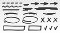 Black marker or brush stroke set - lines, arrows, crosses, check, oval, rectangle isolated on transparent background