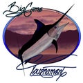 Jumping black marlin with tropical island back ground and tournament lettering