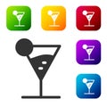 Black Martini glass icon isolated on white background. Cocktail icon. Wine glass icon. Set icons in color square buttons Royalty Free Stock Photo