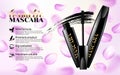 Black mascara Smear of carcass on Soft Background with Falling pink petals Flowers. Excellent Advertising. Cosmetic Package