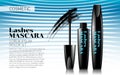 Black Mascara Smear of Carcass on Soft white line and blue Background. Excellent Advertising. Cosmetic Package Design