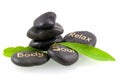 Black massage stones with green leaves