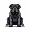 Black Mastiff Dog Sitting: Colored Cartoon Style Woodcut Art