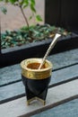 Black mate cup with mate bombilla straw.