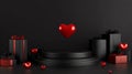 Black matte background featuring red glossy heart shapes hovering centrally