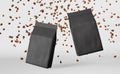 Black matte pouch bags falling coffee beans podium 3D rendering. Merchandise discount packaging shop design promo sale