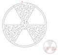 Black maze inside international radiation symbol on white background. Trefoil around a small central circle labyrinth