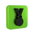 Black Medal icon isolated on transparent background. Winner symbol. Green square button.