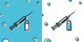 Black Medical syringe with needle and vial or ampoule icon isolated on blue and white background. Vaccination, injection Royalty Free Stock Photo