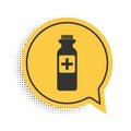 Black Medicine bottle icon isolated on white background. Bottle pill sign. Pharmacy design. Yellow speech bubble symbol Royalty Free Stock Photo