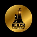 Black medieval castle silhouette. Fortress label icon design