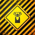 Black Medusa Gorgon head with snakes greek icon isolated on yellow background. Warning sign. Vector Royalty Free Stock Photo