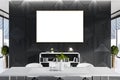 Black meeting room interior with empty white mock up poster on wall, furniture, decorative items , window with city view and Royalty Free Stock Photo